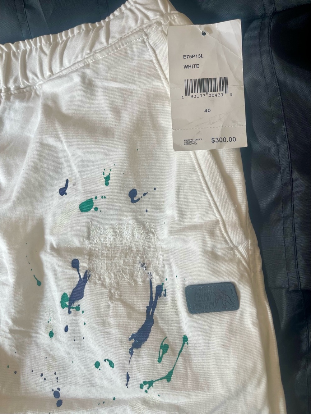 Men's White Relaxed Jeans with Blue & Green Paint-Splash Detail